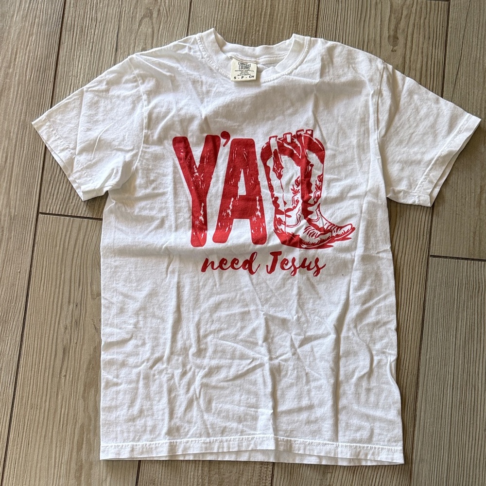 White Graphic Tee with Red 'Y'All Need Jesus' Cowboy Boot Print